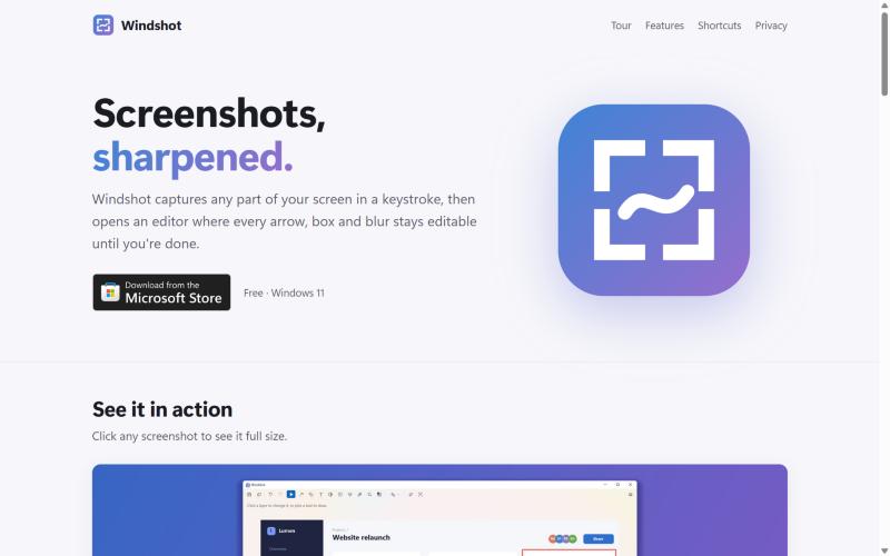 The Windshot home page: 'Screenshots, sharpened.' next to the app's blue and purple icon.